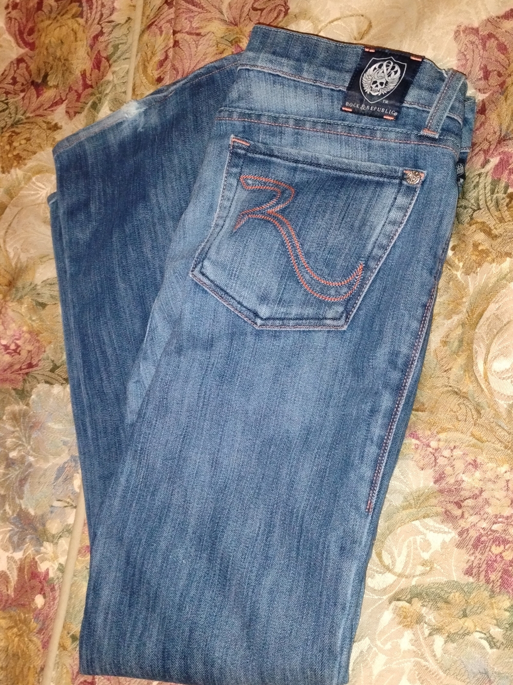 Rock & Republic Medium Blue Straight Leg Jeans with Orange Stitching